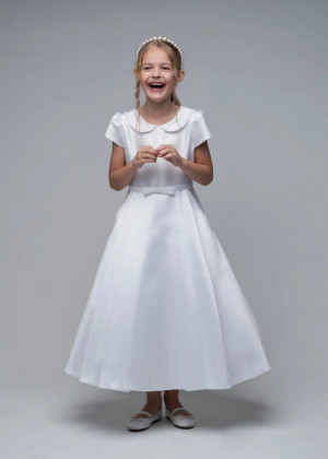 Beaded Peter Pan Collar White Satin Box Pleated Flower Girl Dress